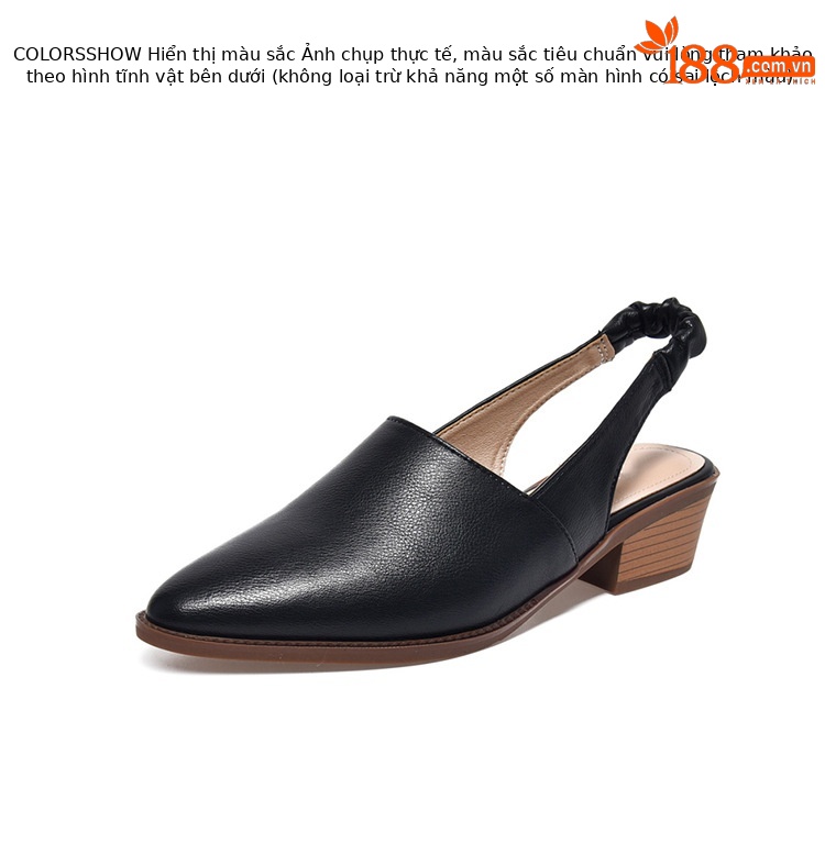 Dép sandal nữ da thật mũi nhọn gót trung bình quai chữ V — Màu đen chi tiết 9