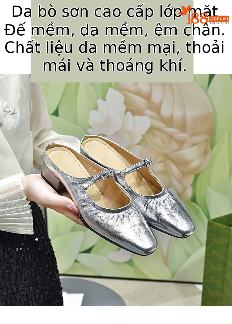 Dép mule nữ da thật mũi kín hở gót, kiểu dáng sang trọng mùa hè — Da Bò Lớp đầu màu be chi tiết 2