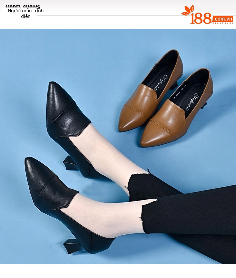 Giày cao gót nữ da thật mũi nhọn gót vuông 7 cm — Kaki 7 cm chi tiết 1