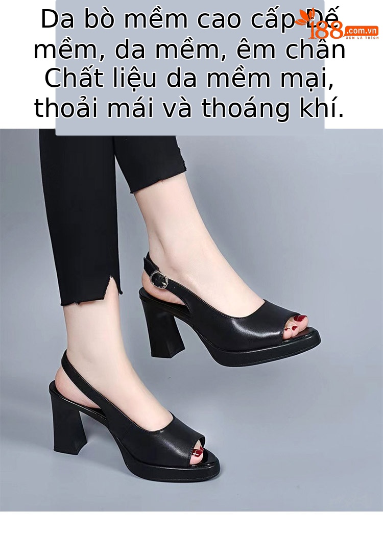 Sandal quai ngang nữ mùa hè da thật gót wedge đế dày phong cách La Mã — Màu đen chi tiết 2