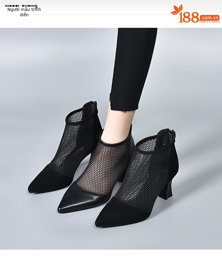 Sandal lưới khoét lỗ mũi nhọn cao gót 6,5 cm — Da cừu mờ + sợi lưới 6,5 cm Gót chi tiết 1