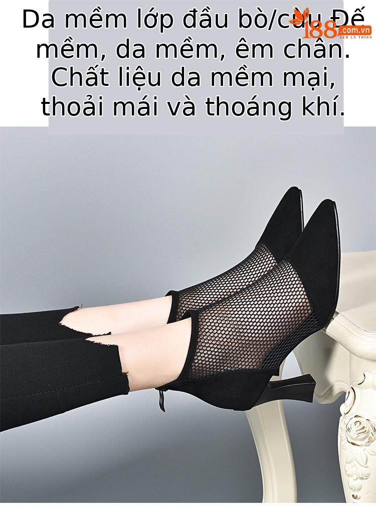 Sandal lưới khoét lỗ mũi nhọn cao gót 6,5 cm — Da cừu mờ + sợi lưới 6,5 cm Gót chi tiết 2