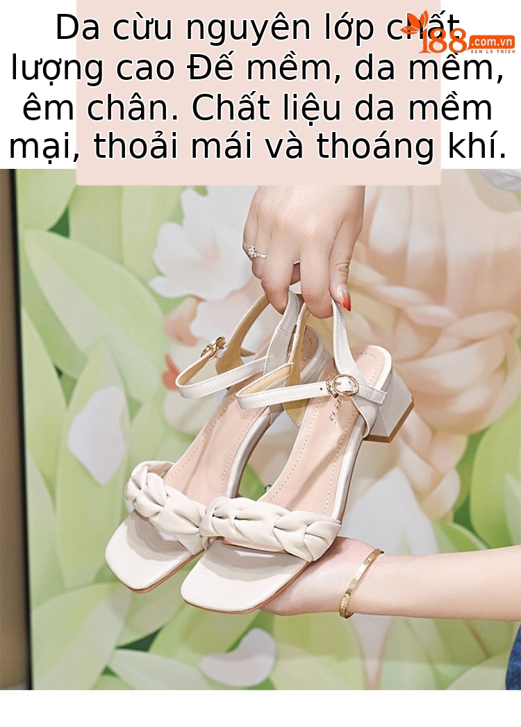 Giày sandal cao gót nữ quai ngang da cừu hở mũi gót thô 5 cm — Màu tím nhạt Gót Thô 5cm chi tiết 2