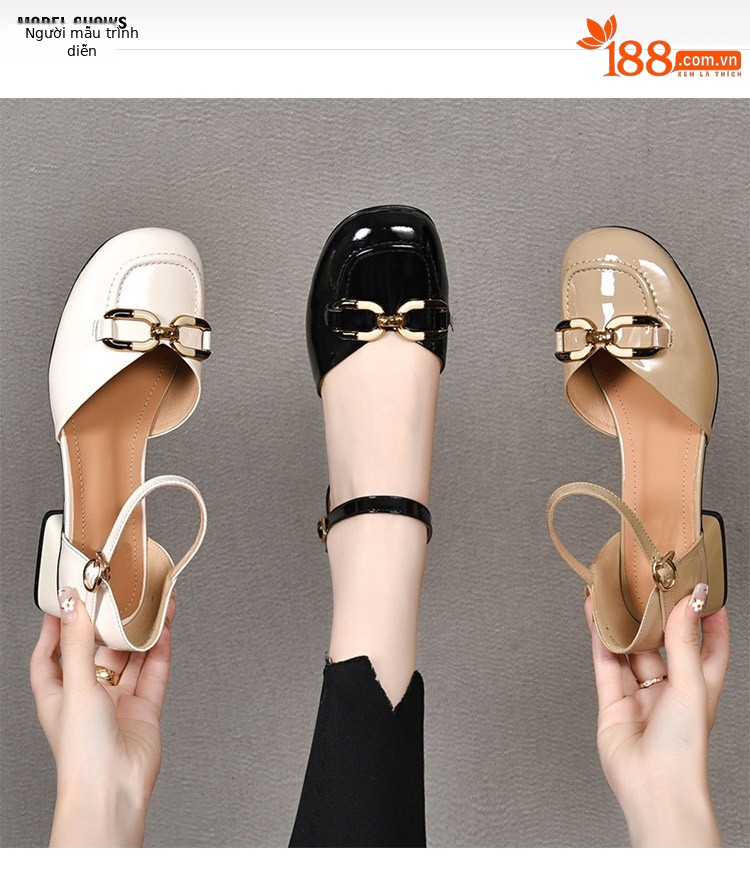 Sandal nữ mũi kín quai ngang da thật gót vuông 6 cm đế mềm có khóa — Màu đen chi tiết 1