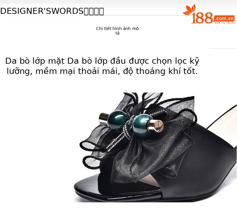 Dép cao gót da thật nữ quai chữ V phong cách tiên nữ, gót trung bình — Màu đen chi tiết 7