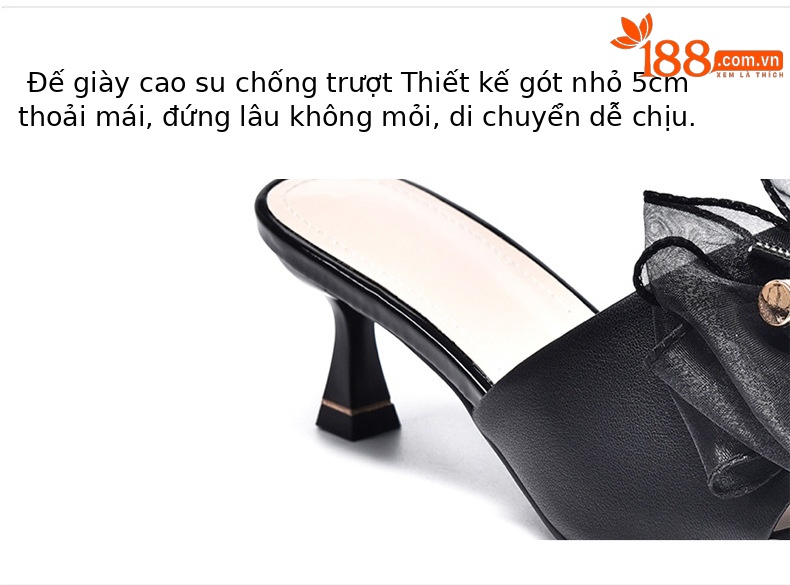 Dép cao gót da thật nữ quai chữ V phong cách tiên nữ, gót trung bình — Màu đen chi tiết 8