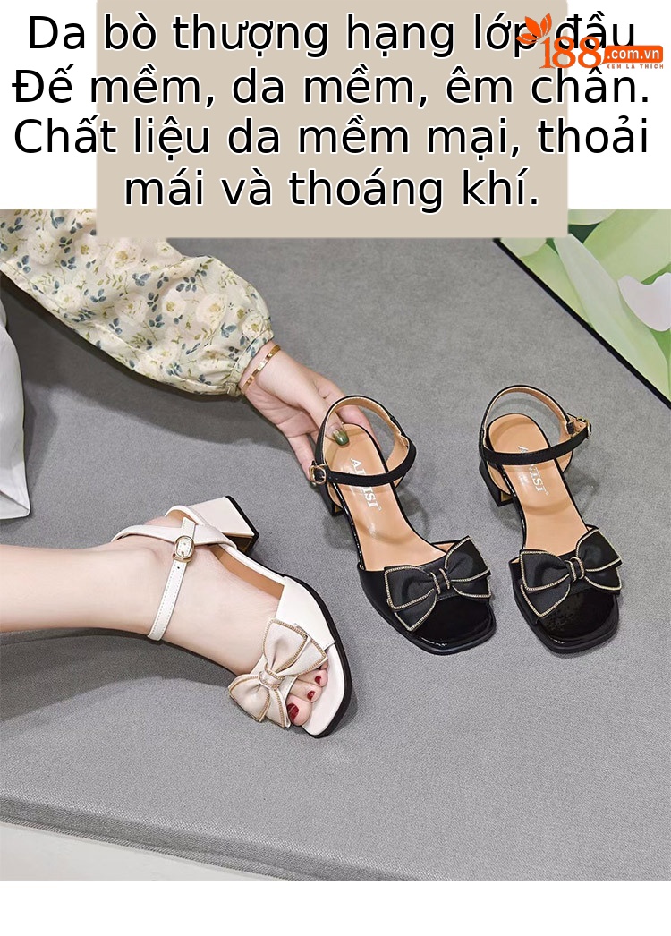 Sandal cao gót nữ quai ngang da thật mũi nhọn nơ điệu đà — Chân mập màu be to hơn một cỡ chi tiết 2