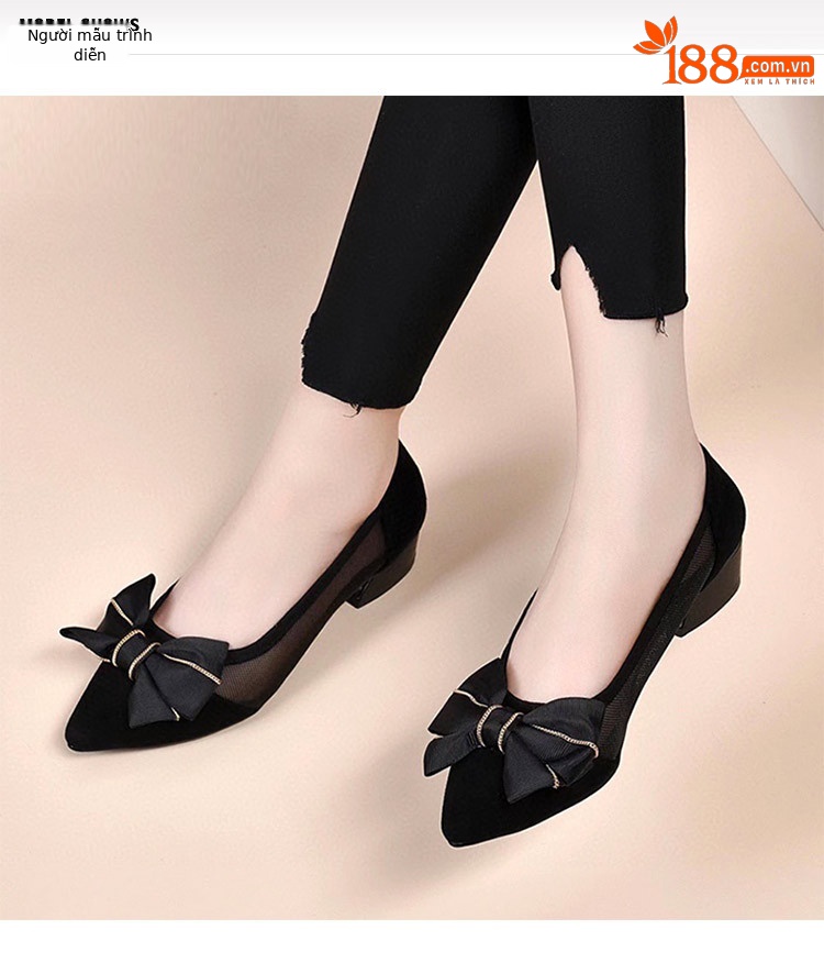 Giày ballet nữ mũi nhọn đế bằng da thật lưới thoáng khí — Màu đen gót 5cm chi tiết 1