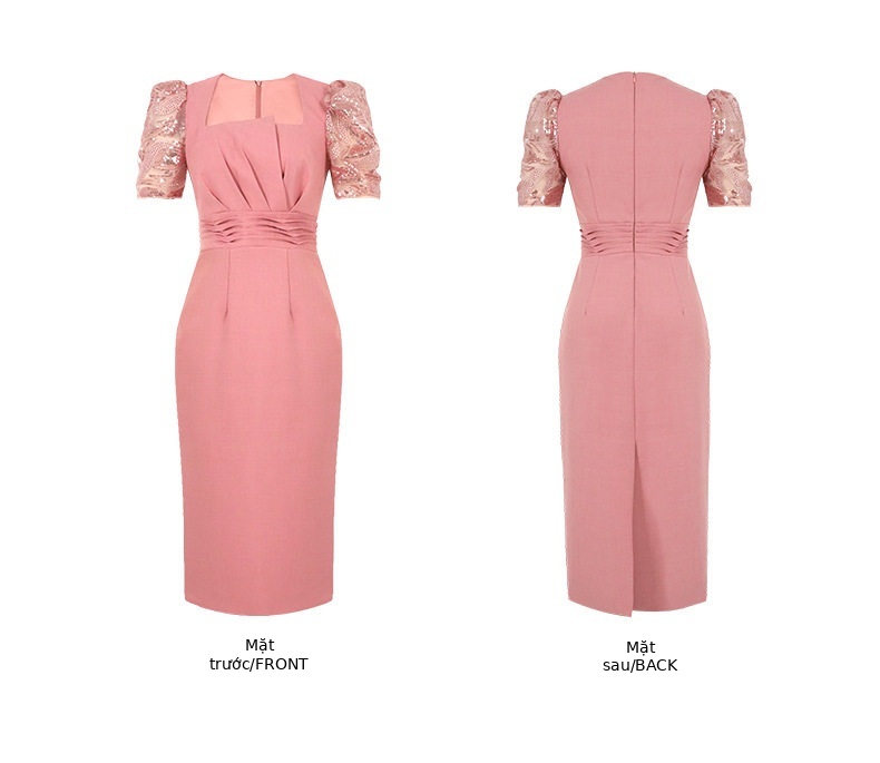 Đầm ôm body nữ phong cách Pháp tay bồng cổ vuông — [Hồng san hô] chi tiết 4