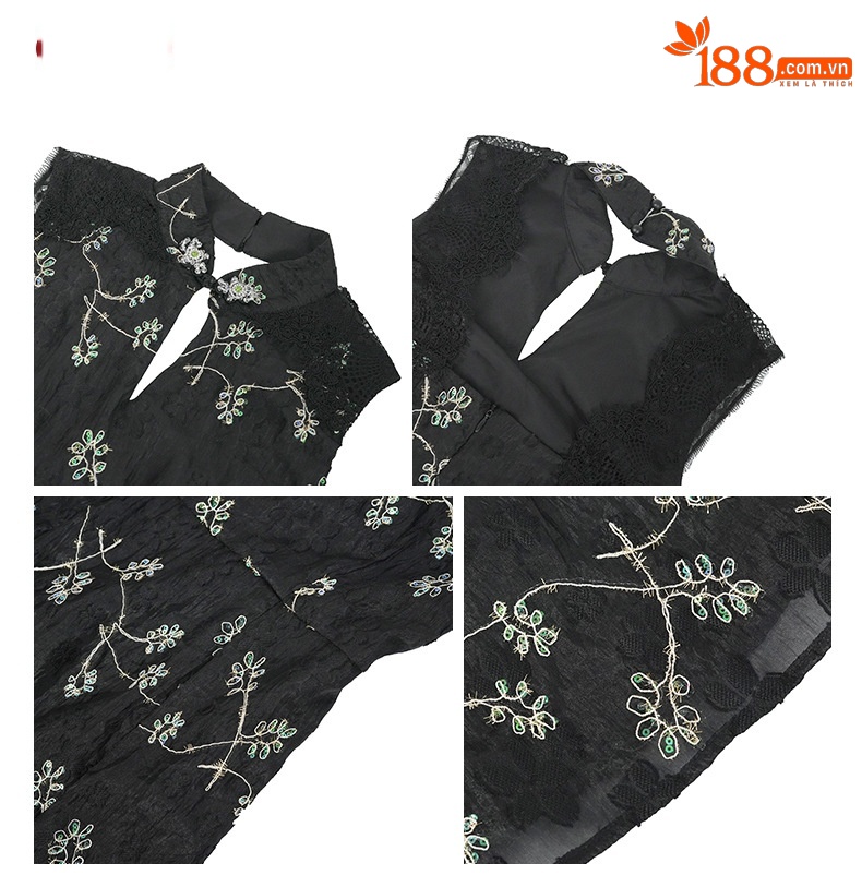 Đầm suông midi nữ thiết kế cổ đứng cải tiến, họa tiết in hoa cách điệu — Màu đen chi tiết 2