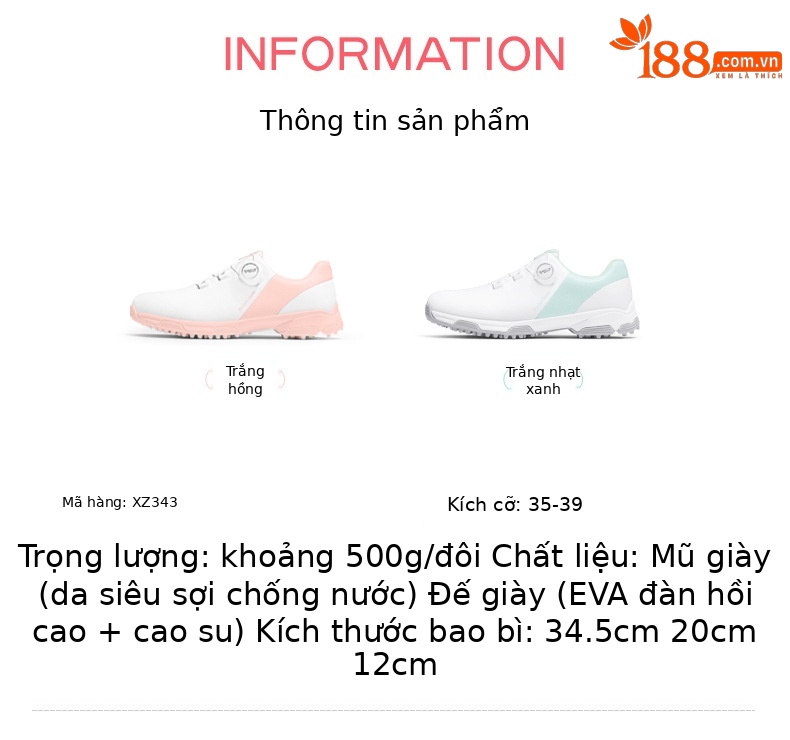 Giày golf PGM nữ chống thấm nước, núm vặn nhanh, đế EVA đệm êm — XZ343-Trắng hồng, XZ343-Trắng Xanh lam nhạt chi tiết 2