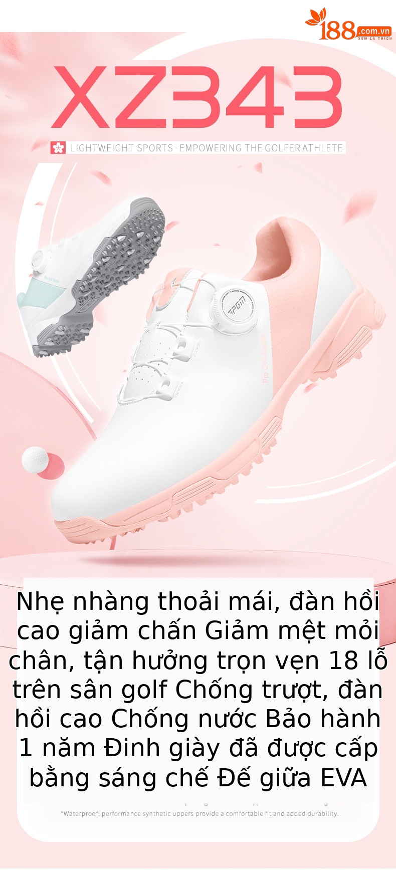 Giày golf PGM nữ chống thấm nước, núm vặn nhanh, đế EVA đệm êm — XZ343-Trắng hồng, XZ343-Trắng Xanh lam nhạt chi tiết 3