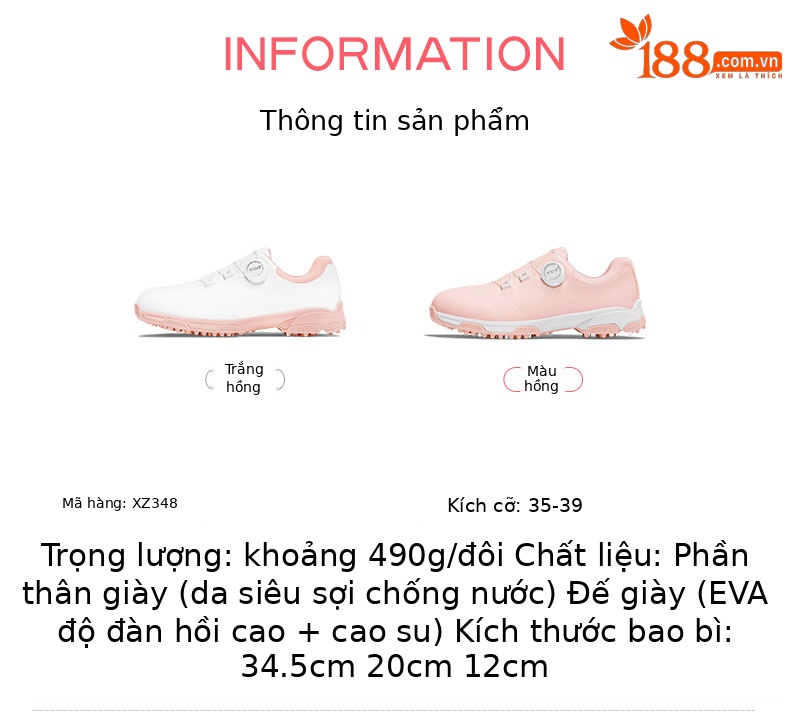 Giày golf nữ PGM siêu sợi chống nước đế đinh chống trượt — XZ348-Trắng hồng, XZ348-Tất cả màu hồng chi tiết 2