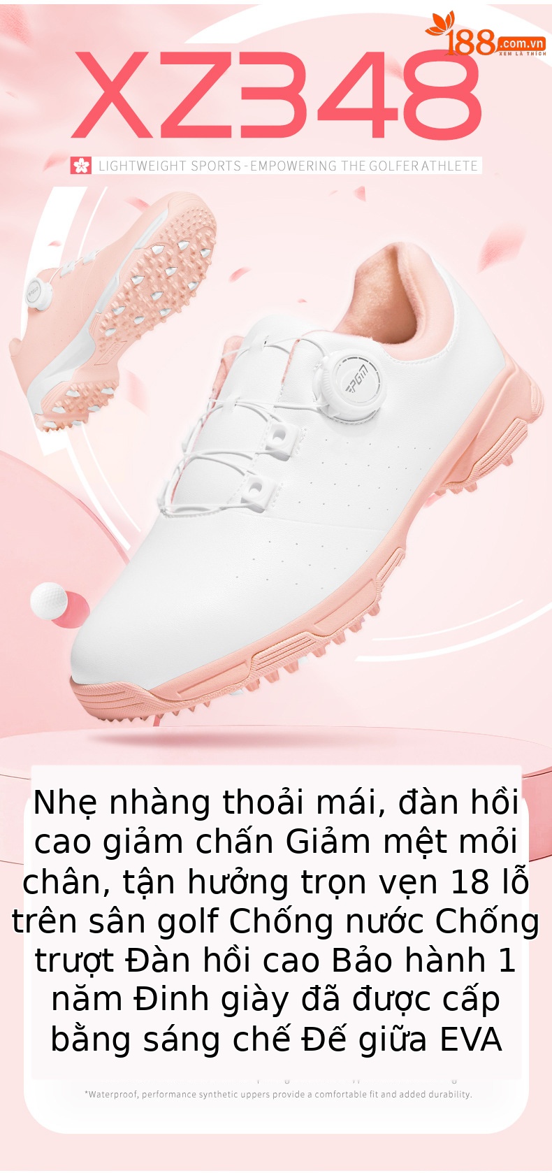 Giày golf nữ PGM siêu sợi chống nước đế đinh chống trượt — XZ348-Trắng hồng, XZ348-Tất cả màu hồng chi tiết 3
