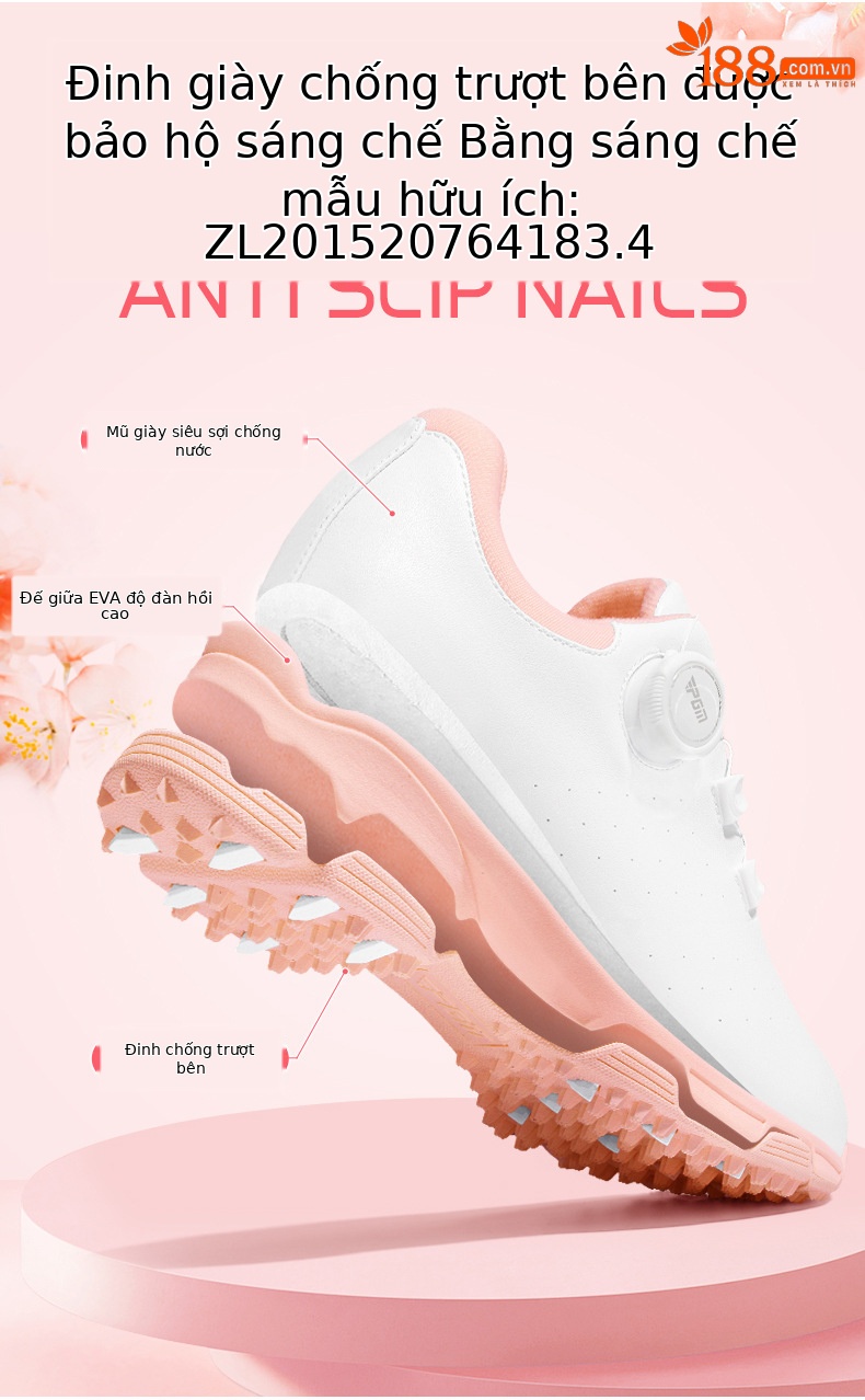 Giày golf nữ PGM siêu sợi chống nước đế đinh chống trượt — XZ348-Trắng hồng, XZ348-Tất cả màu hồng chi tiết 5