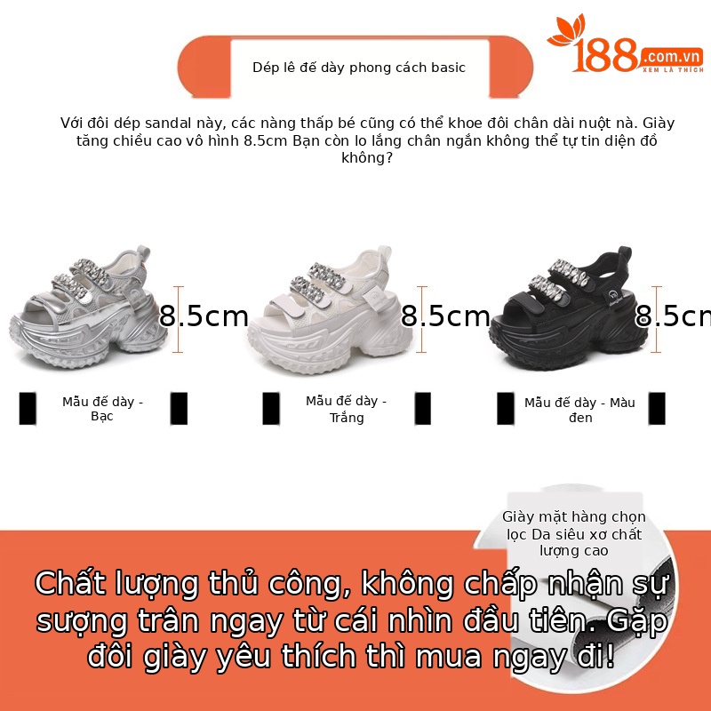 Sandal cao gót đế dày đính đá phong cách La Mã cho nữ — Màu đen, Màu trắng, Màu bạc