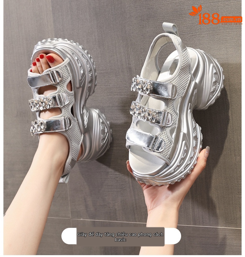 Sandal cao gót đế dày đính đá phong cách La Mã cho nữ — Màu đen, Màu trắng, Màu bạc chi tiết 1