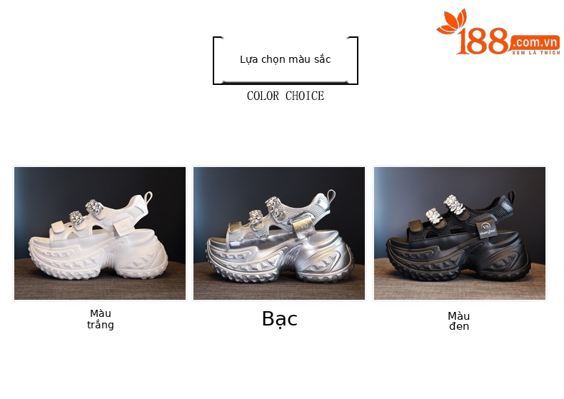 Sandal cao gót đế dày đính đá phong cách La Mã cho nữ — Màu đen, Màu trắng, Màu bạc chi tiết 2