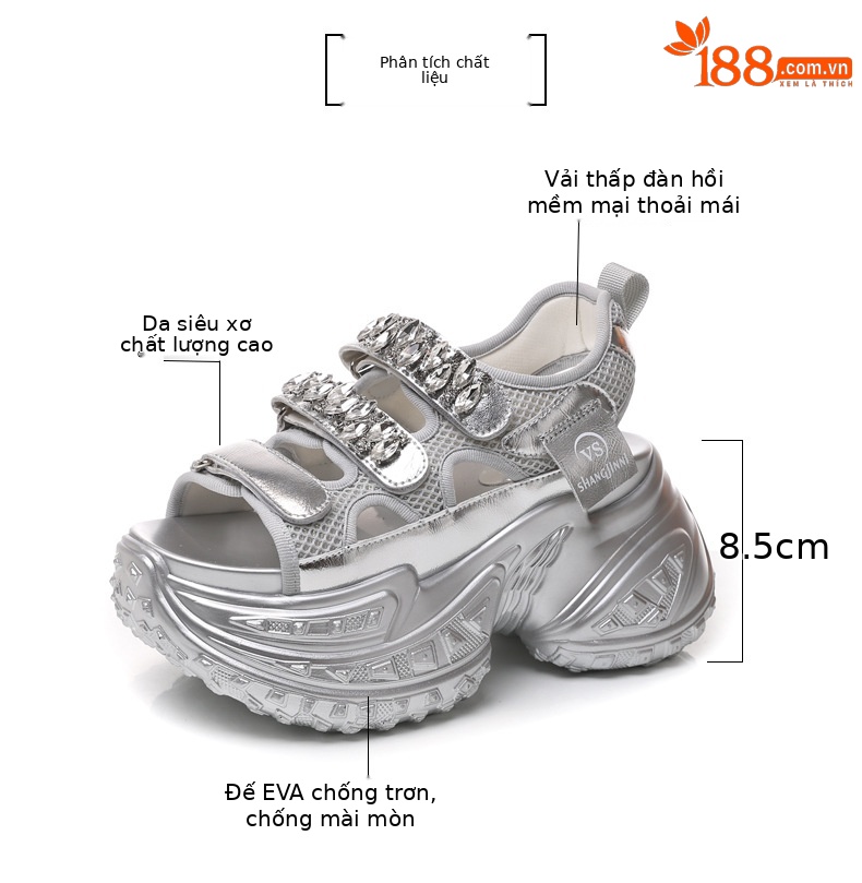 Sandal cao gót đế dày đính đá phong cách La Mã cho nữ — Màu đen, Màu trắng, Màu bạc chi tiết 3