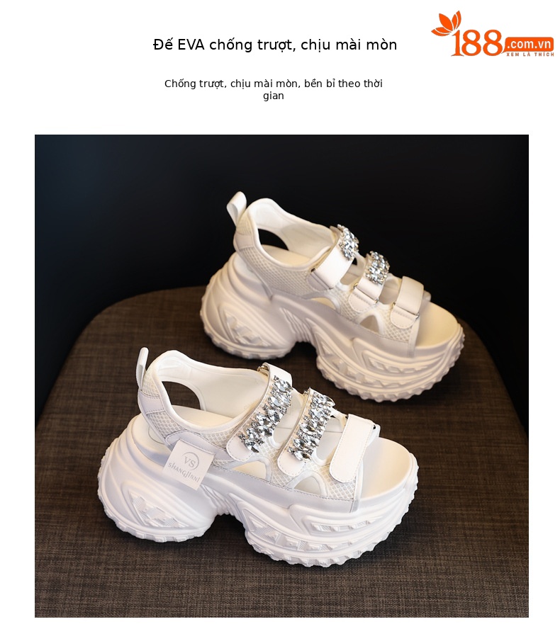 Sandal cao gót đế dày đính đá phong cách La Mã cho nữ — Màu đen, Màu trắng, Màu bạc chi tiết 10