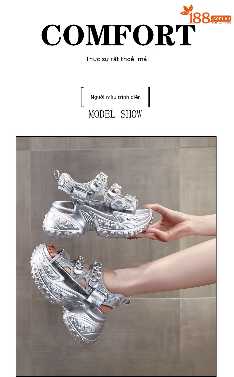 Sandal cao gót đế dày đính đá phong cách La Mã cho nữ — Màu đen, Màu trắng, Màu bạc chi tiết 11