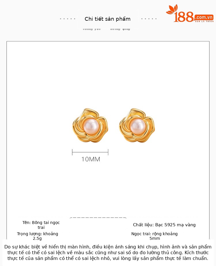 Bông tai nữ bạc S925 mạ vàng đính ngọc trai nước ngọt hạt tròn phong cách retro — Một cặp chi tiết 2