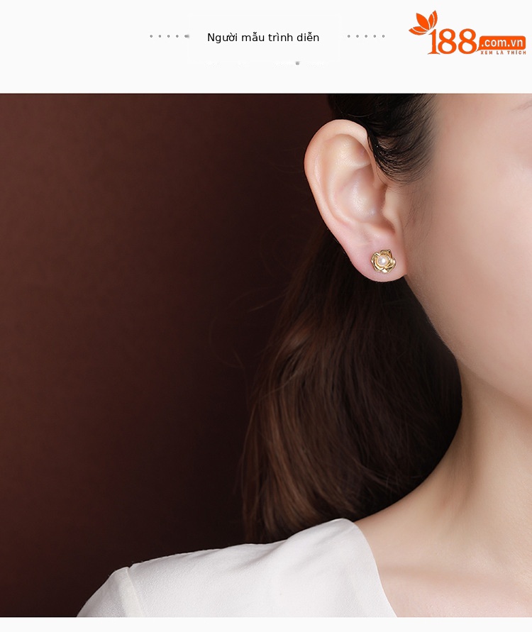 Bông tai nữ bạc S925 mạ vàng đính ngọc trai nước ngọt hạt tròn phong cách retro — Một cặp chi tiết 3