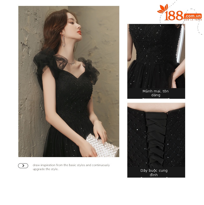 Đầm maxi nữ thắt eo, kiểu halter không tay, phong cách dạ hội Pháp — Màu đen, Màu đỏ rượu chi tiết 2