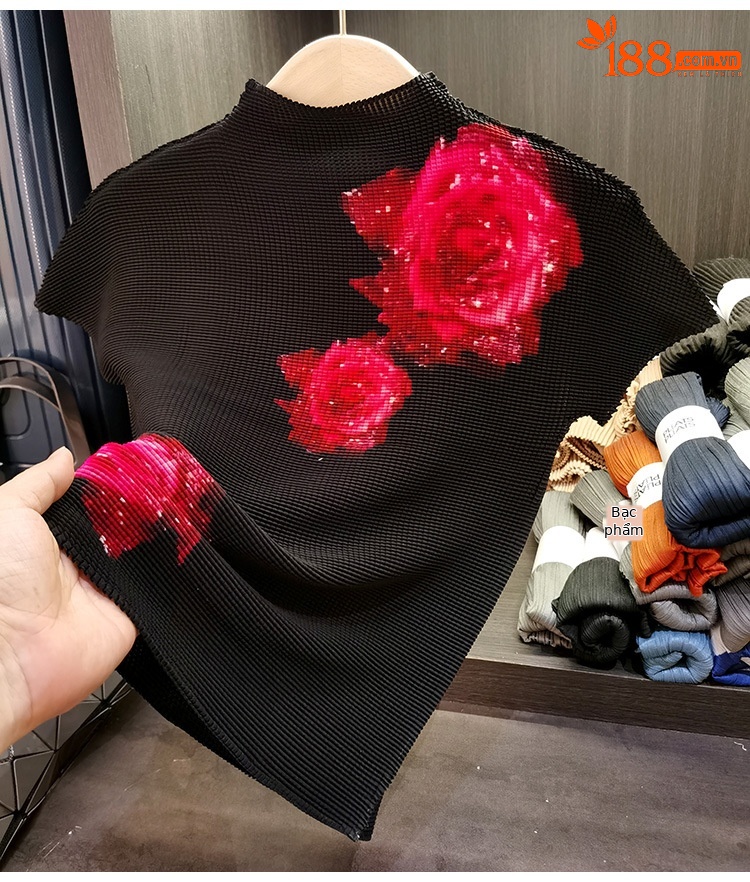 Áo thun nữ ngắn tay cổ đứng họa tiết hạt ngô xếp ly ôm sát mùa hè — Màu đen chi tiết 10