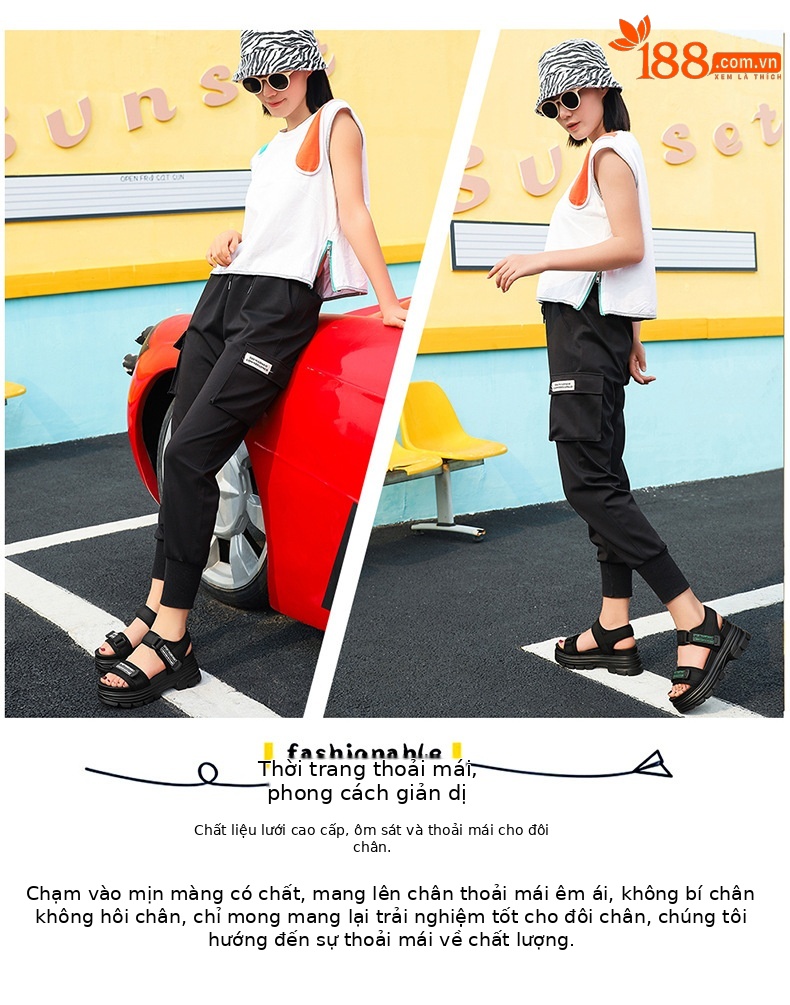 Giày sandal thể thao da thật đế dày nữ gót 4cm quai chữ V khóa dán — JST 1609 cao gót xanh đen 4cm, Đen trắng 2001 LJ, JST 1611 cao gót xanh đen 4cm, 2206 ML màu đen chi tiết 4