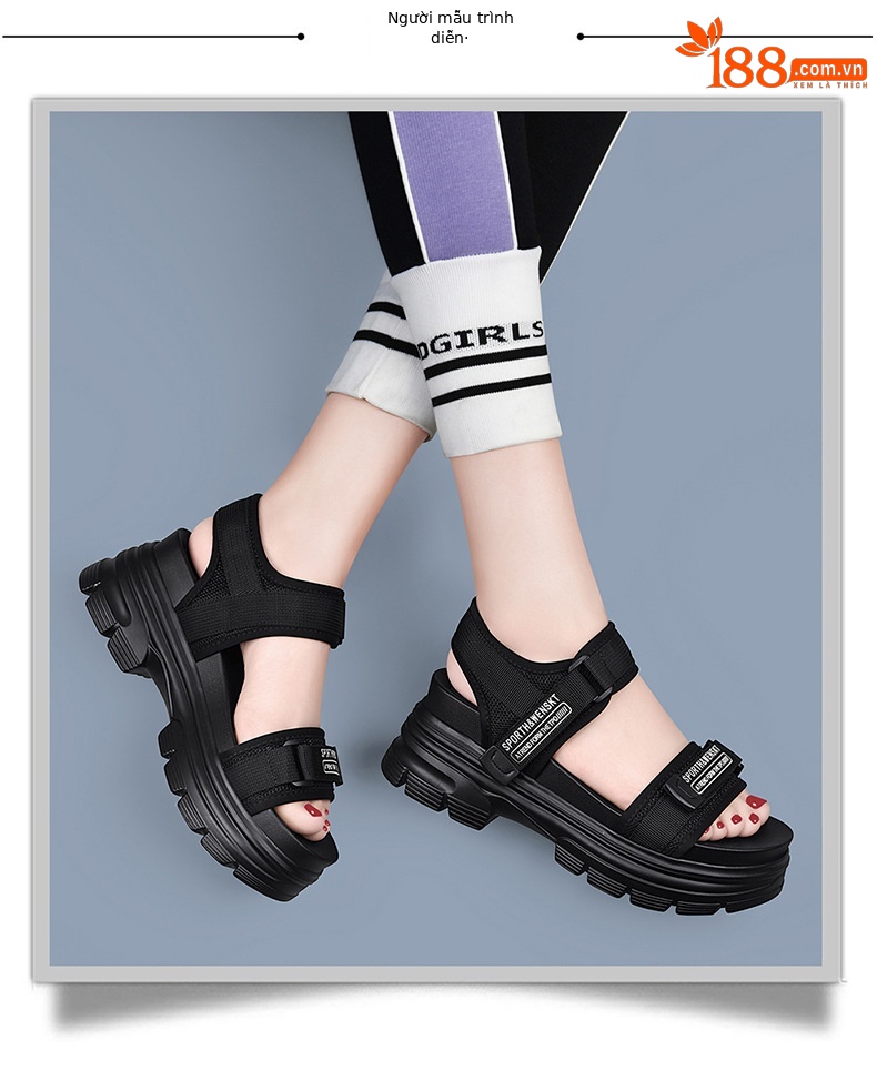 Giày sandal thể thao da thật đế dày nữ gót 4cm quai chữ V khóa dán — JST 1609 cao gót xanh đen 4cm, Đen trắng 2001 LJ, JST 1611 cao gót xanh đen 4cm, 2206 ML màu đen chi tiết 6