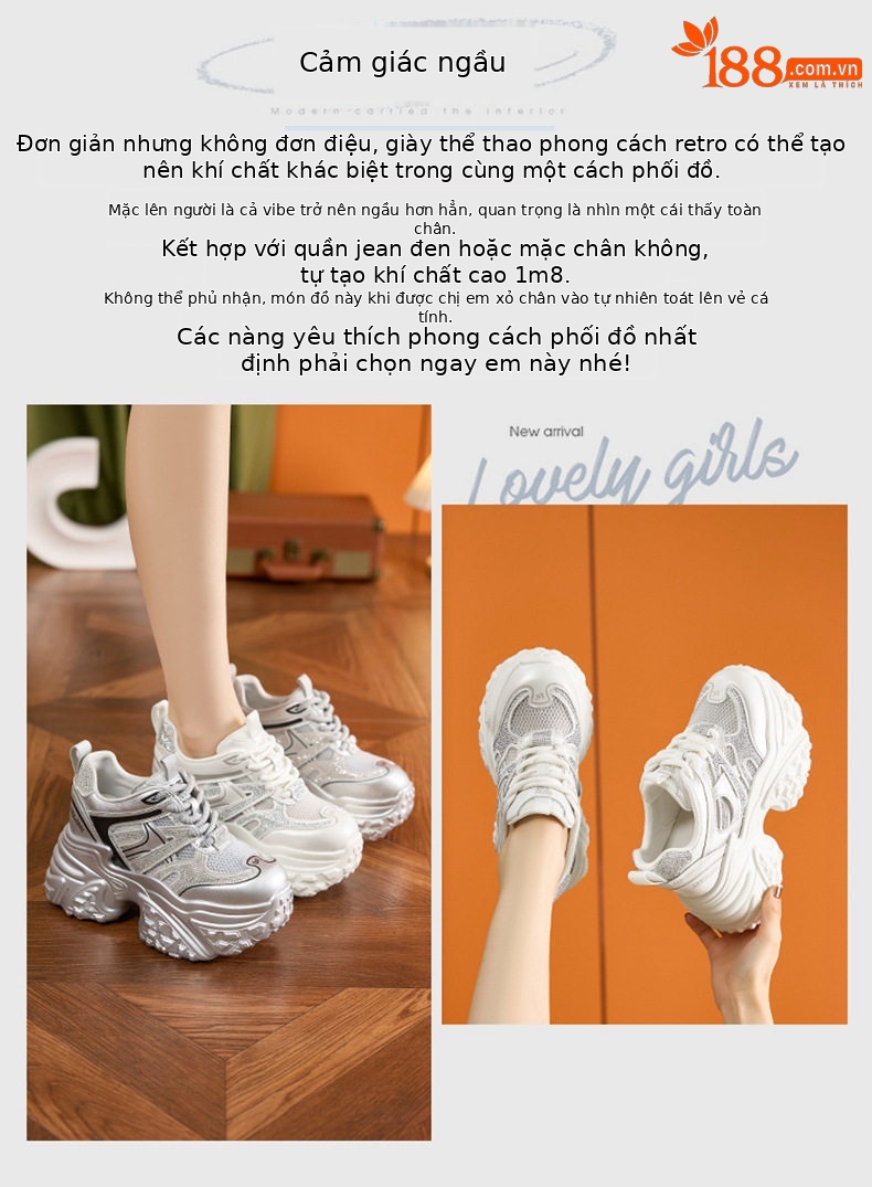 Giày sneaker nữ chunky đế dày lưới thoáng họa tiết đá quý gót 10 cm — Bạc, Trắng chi tiết 3