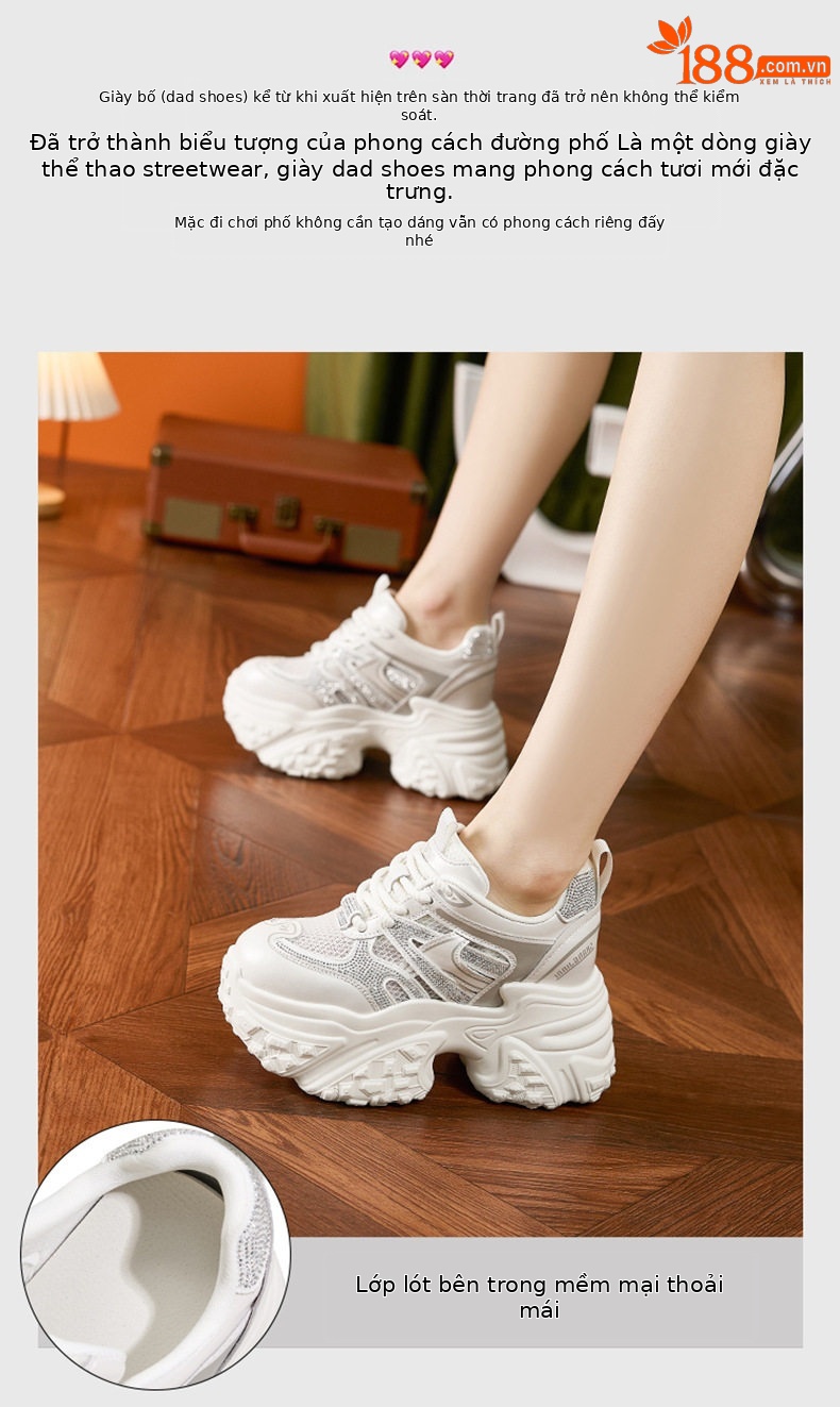 Giày sneaker nữ chunky đế dày lưới thoáng họa tiết đá quý gót 10 cm — Bạc, Trắng chi tiết 4