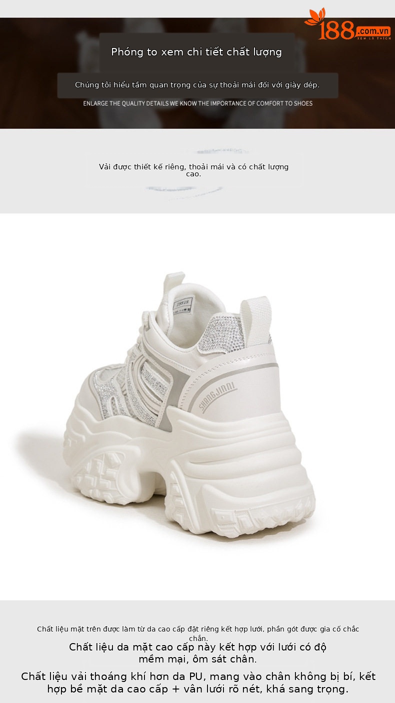 Giày sneaker nữ chunky đế dày lưới thoáng họa tiết đá quý gót 10 cm — Bạc, Trắng chi tiết 5
