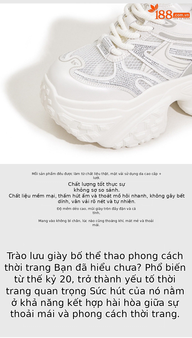 Giày sneaker nữ chunky đế dày lưới thoáng họa tiết đá quý gót 10 cm — Bạc, Trắng chi tiết 7