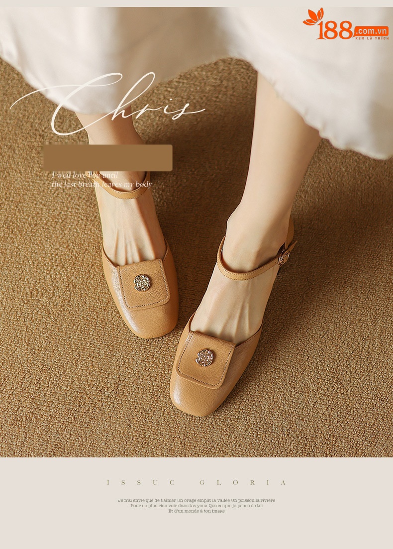 Sandal nữ quai ngang mũi bao da cừu cao cấp, gót vuông ổn định — Màu trắng be chi tiết 1