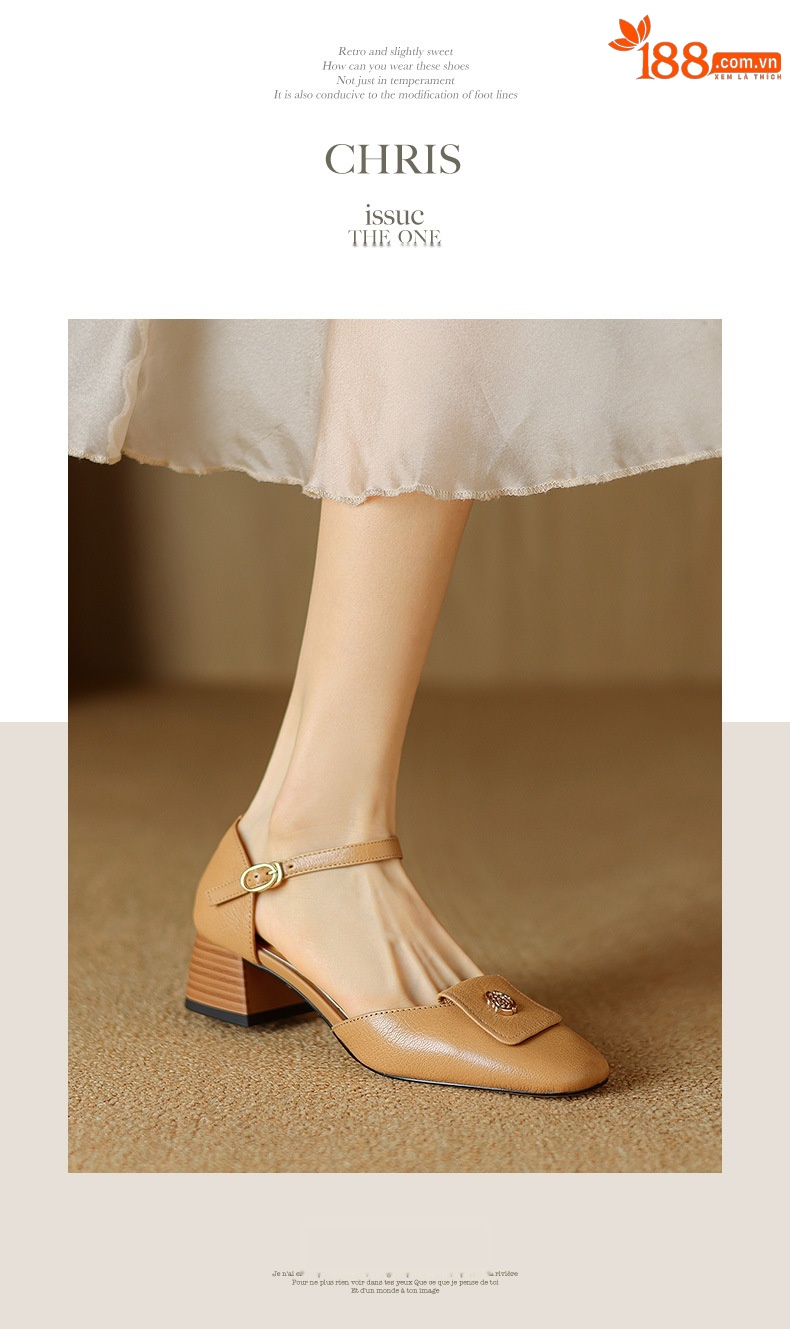 Sandal nữ quai ngang mũi bao da cừu cao cấp, gót vuông ổn định — Màu trắng be chi tiết 6