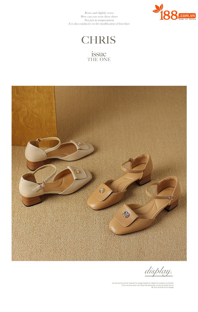 Sandal nữ quai ngang mũi bao da cừu cao cấp, gót vuông ổn định — Màu trắng be chi tiết 11