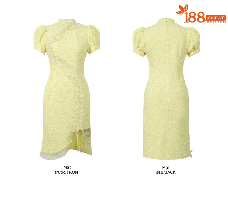Váy đầm qipao cách tân tay phồng dáng ôm bất đối xứng mùa hè 2026 — Vàng Chanh chi tiết 2