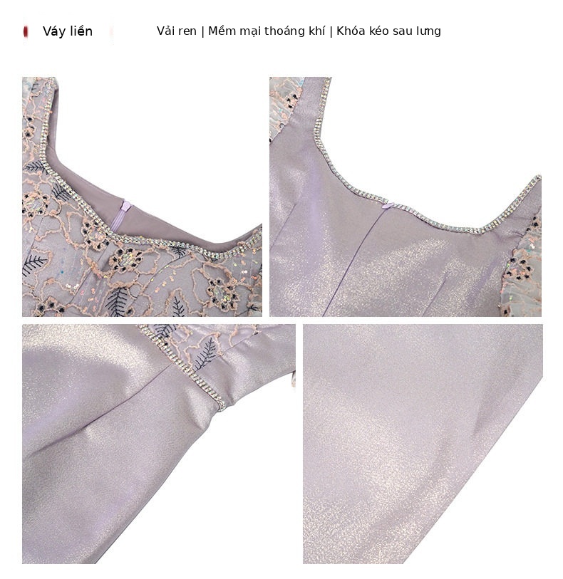 Đầm ren tím hoa nhí cổ vuông tay bồng dáng chữ A — [Tím nhạt] chi tiết 1