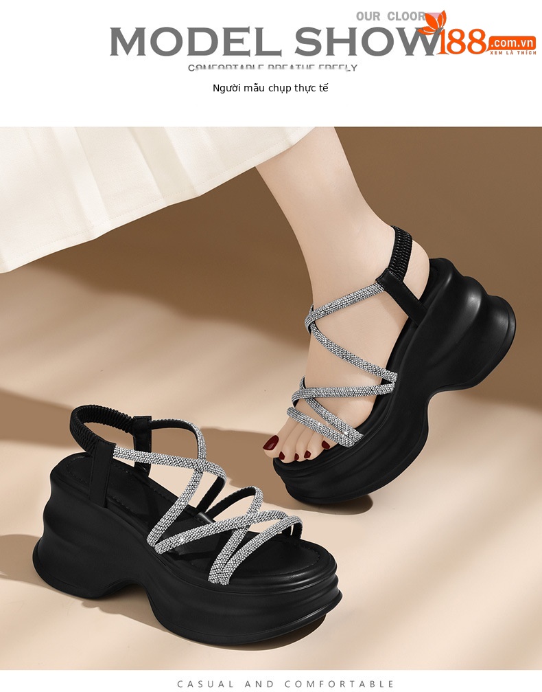 Sandal da thật phong cách tiên nữ, giày La Mã đế dày đính đá, gót 8.5 cm, mùa hè 2024 — 1971 Màu Be/Chiều cao gót 8.5cm, 1971 đen/Chiều cao gót 8.5cm chi tiết 3