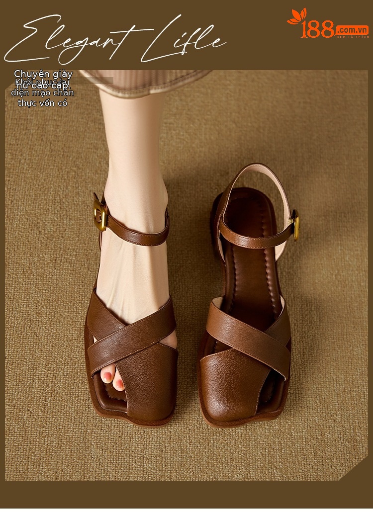 Sandal nữ da bò bít mũi quai ngang đế bằng — Màu nâu chi tiết 1
