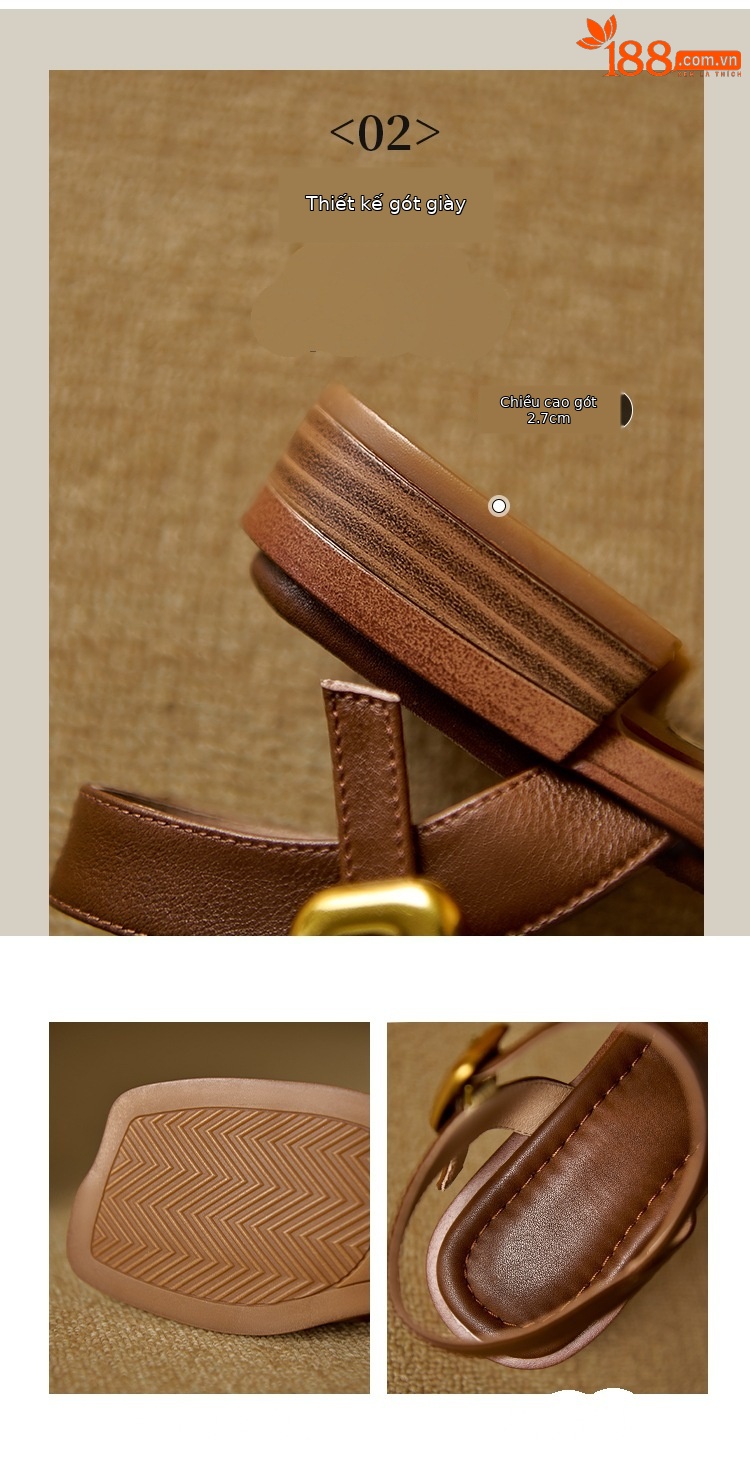 Sandal nữ da bò bít mũi quai ngang đế bằng — Màu nâu chi tiết 5