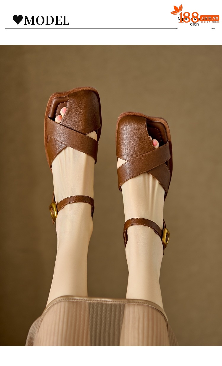 Sandal nữ da bò bít mũi quai ngang đế bằng — Màu nâu chi tiết 6
