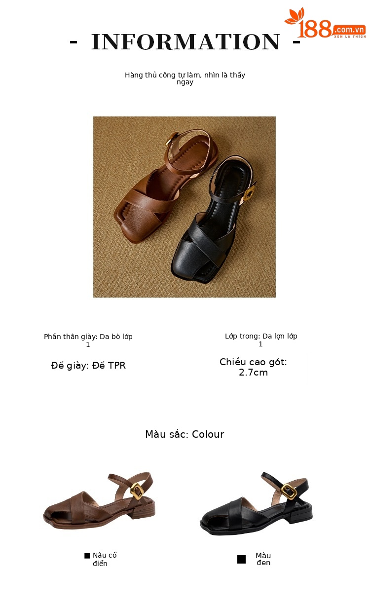 Sandal nữ da bò bít mũi quai ngang đế bằng — Màu nâu chi tiết 2