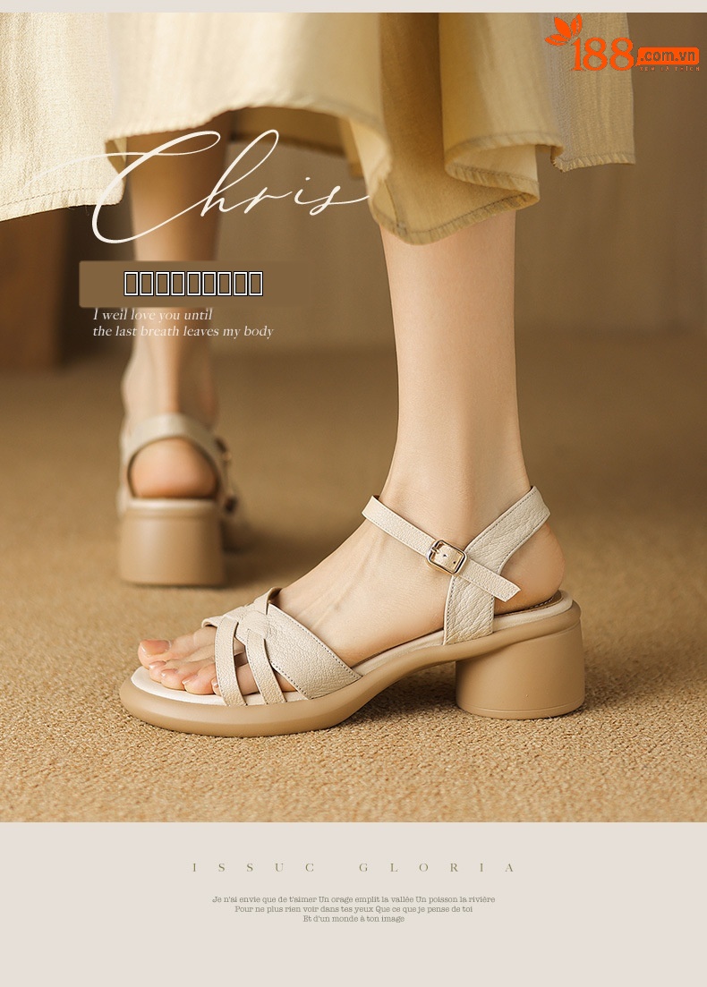 Sandal nữ quai ngang hở mũi da cừu đế dày gót thô 7 cm — Màu trắng be chi tiết 1