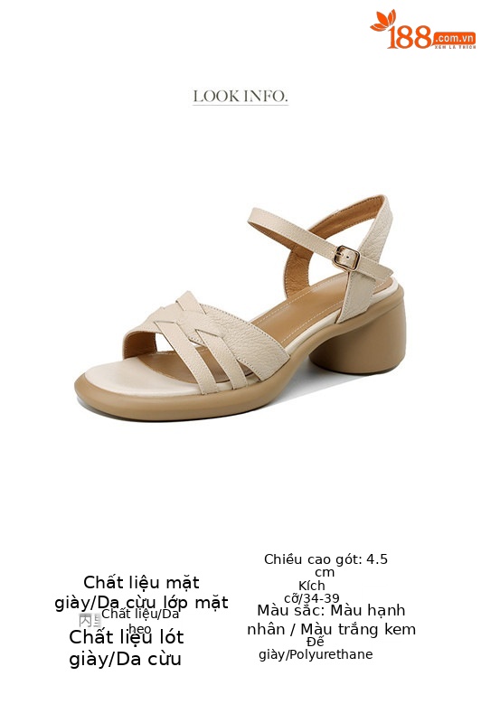 Sandal nữ quai ngang hở mũi da cừu đế dày gót thô 7 cm — Màu trắng be chi tiết 3