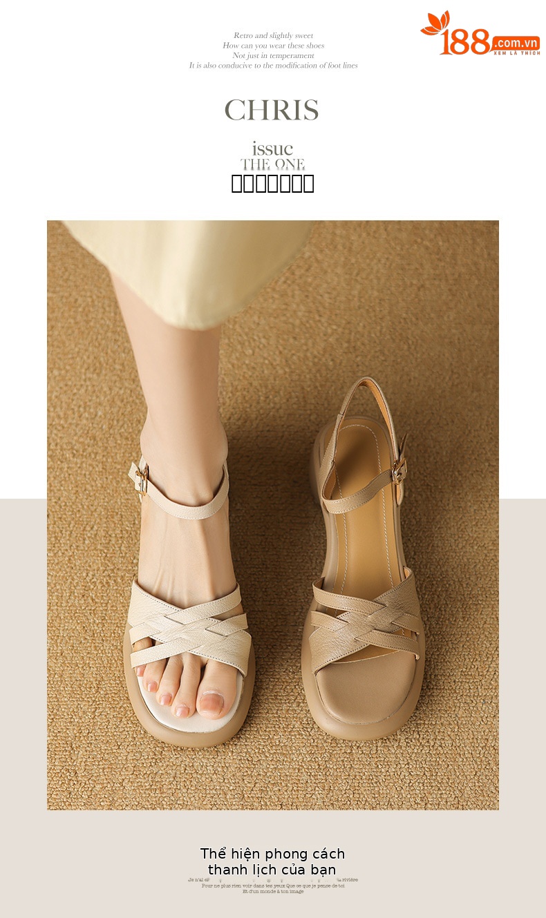 Sandal nữ quai ngang hở mũi da cừu đế dày gót thô 7 cm — Màu trắng be chi tiết 6