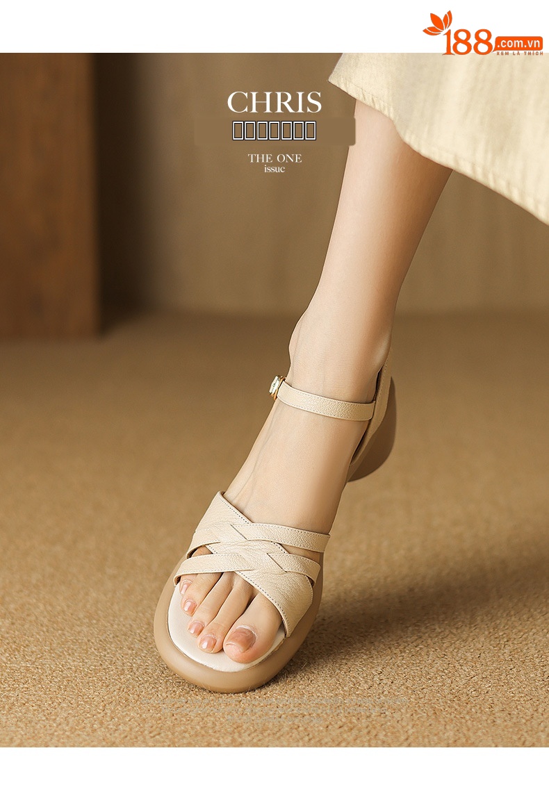 Sandal nữ quai ngang hở mũi da cừu đế dày gót thô 7 cm — Màu trắng be chi tiết 8