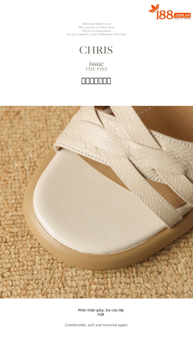 Sandal nữ quai ngang hở mũi da cừu đế dày gót thô 7 cm — Màu trắng be chi tiết 12